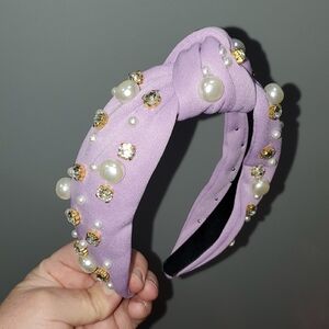 New handmade boutique rhinestone pearl top knot flexible wide headband purple